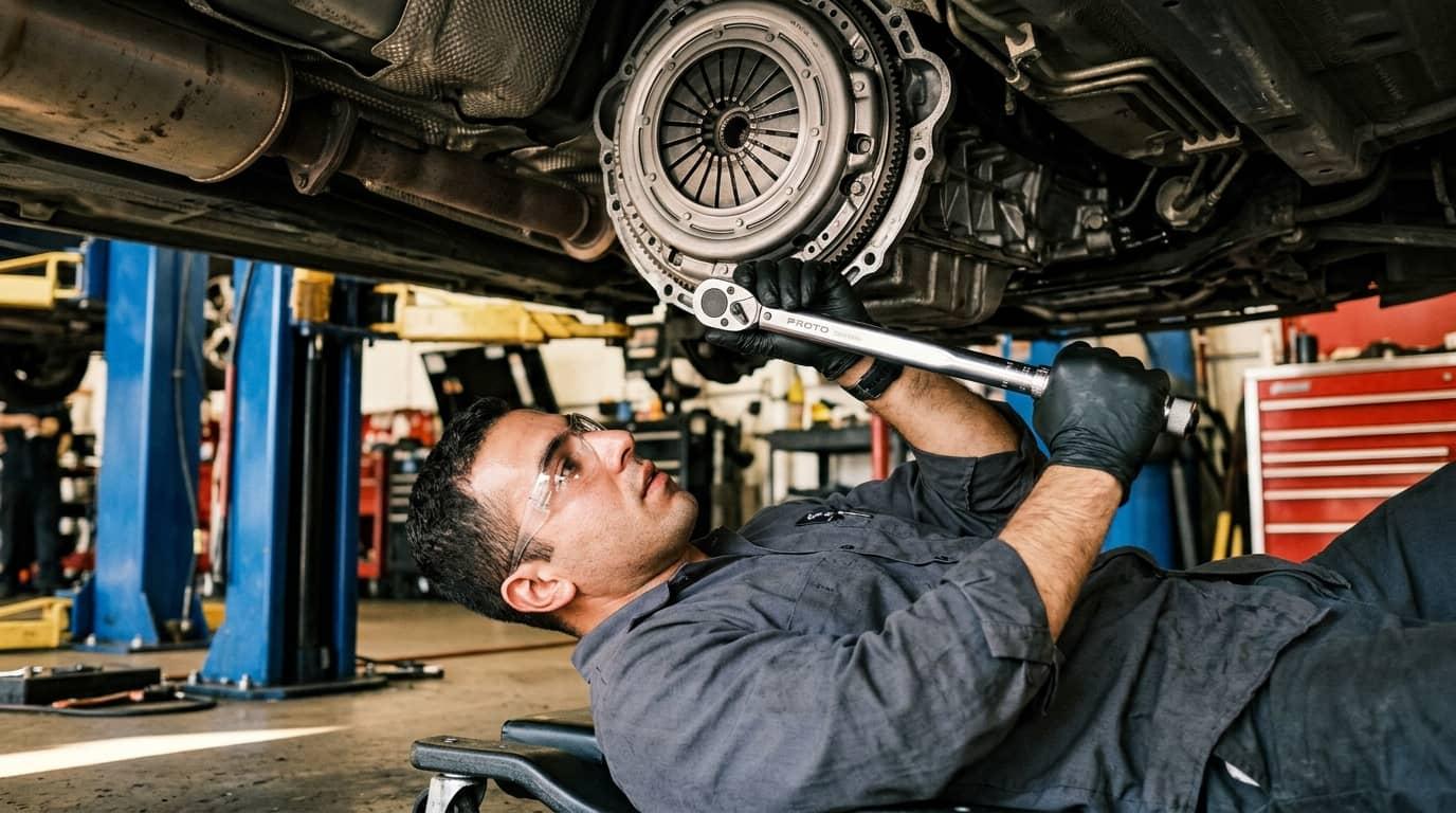Mécanicien contrôlant l'embrayage d'une voiture lors d'une intervention mécanique.